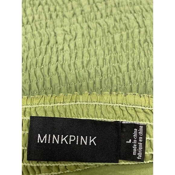 MINKPINK Women's Green Long Puff  Sleeve Crop Top Smocked Back Ruched Large - Picture 7 of 8